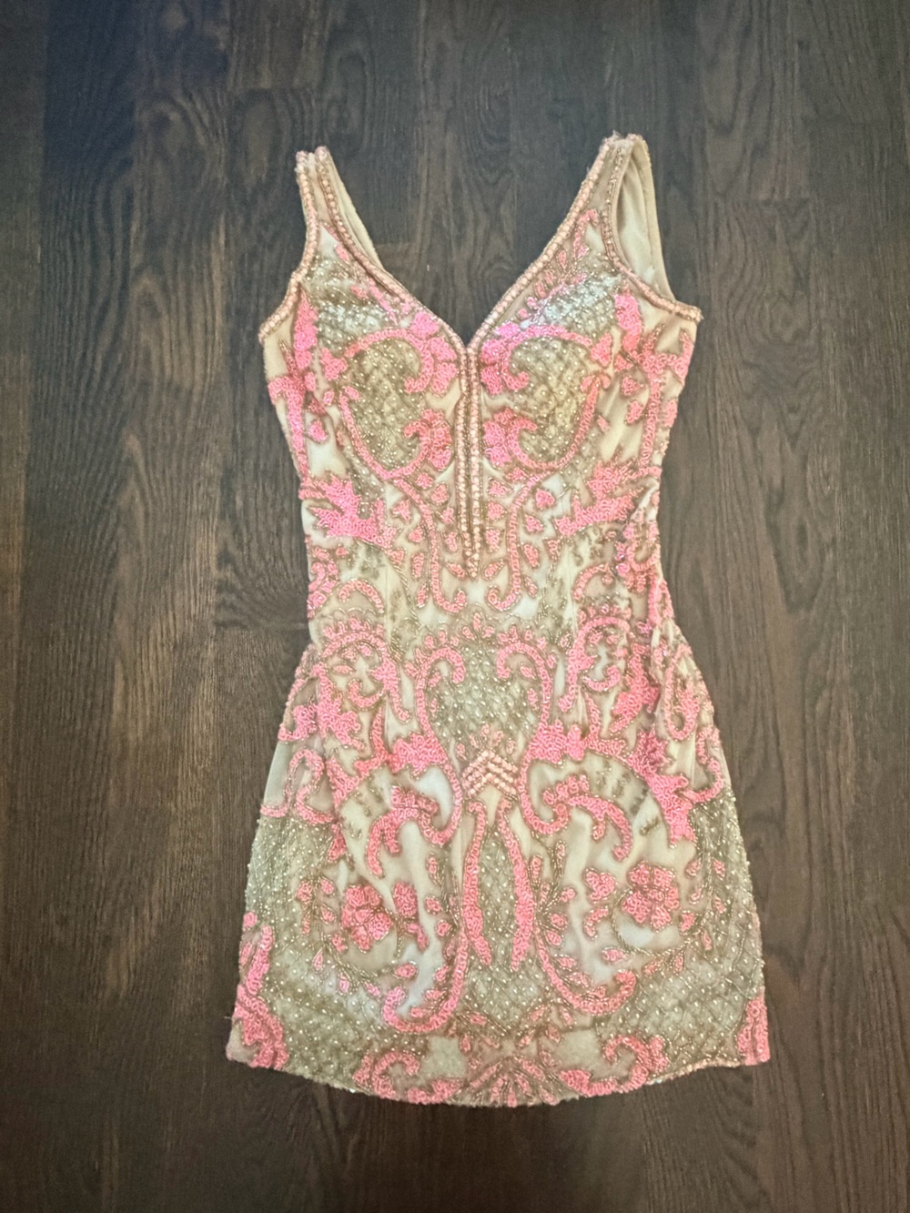 Jovani Pink and Gold Embellished V-Neck Cocktail Dress